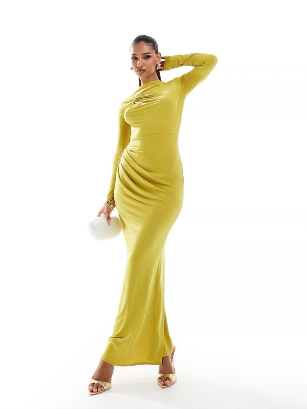 ASOS Design Long Sleeve Knot detail Maxi Dress in Lime Green